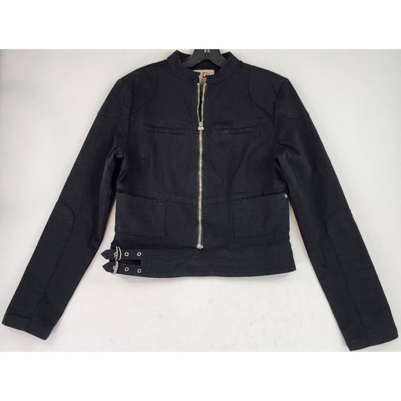Black Jackets & Blazers - J & Co Denim Jacket Womens Large Black Distressed Retro Buckle Accent Full Zip